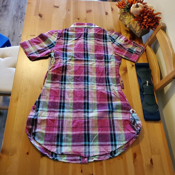 She's Cool - Women's Plaid Graphic Button-Down Shirt Dress with Detachable Belt - Picture 2 of 9